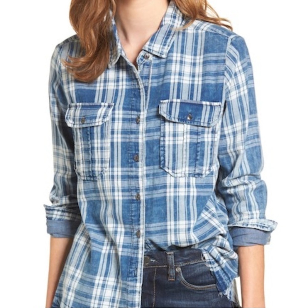 Anthropologie Coastal Cowgirl Blank NYC Distressed Plaid Button Up s M